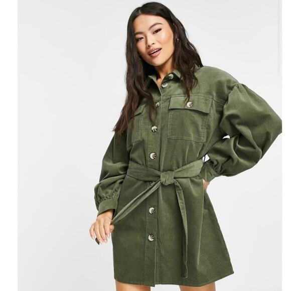 ASOS Design Cord Mini Shirt Dress Women’s Size 4 Green Belted Corduroy - Picture 9 of 10